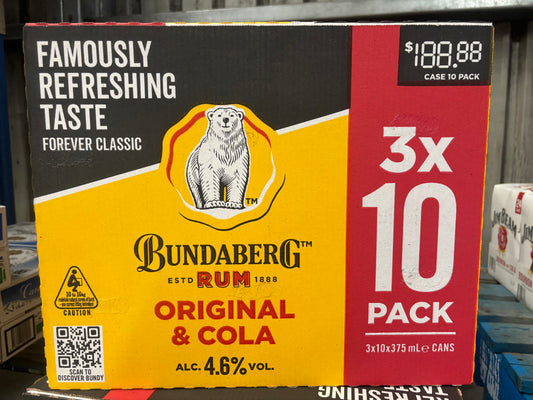 Bundaberg Rum & Cola 375ml 4.6% Cans 3x10pk (30 Cans)